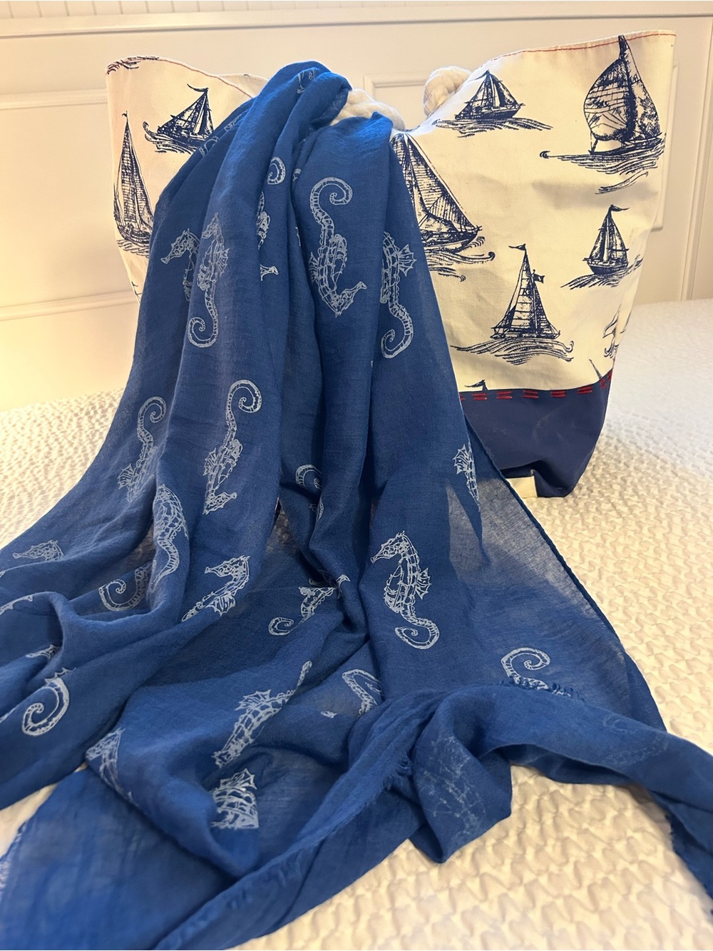 Blue Seahorse Print Lightweight Scarf Sarong